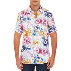 Robert Graham Sea of Cortex Fleur De Lis Linen Short Sleeve Button Down Shirt